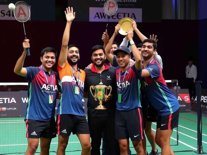 India Badminton Aces Victory Celebration India Badminton Aces team celebrating victory