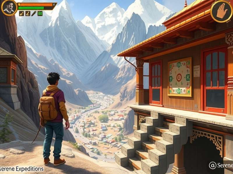 Serene Expedition gameplay showing character exploring Himalayan landscape