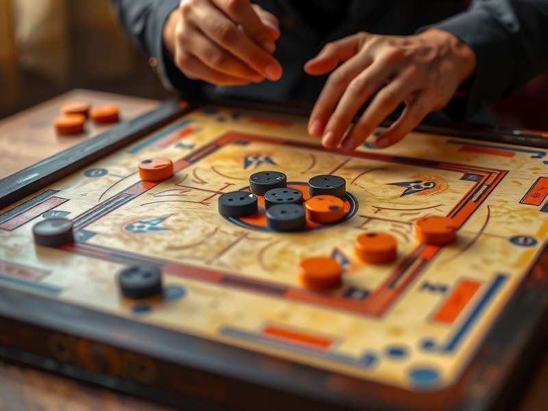 Traditional Carrom Board Setup Carrom board with pieces arranged for play