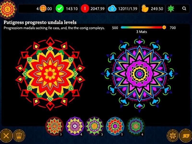 Sacred Mandala Quest gameplay interface showing colorful mandala designs