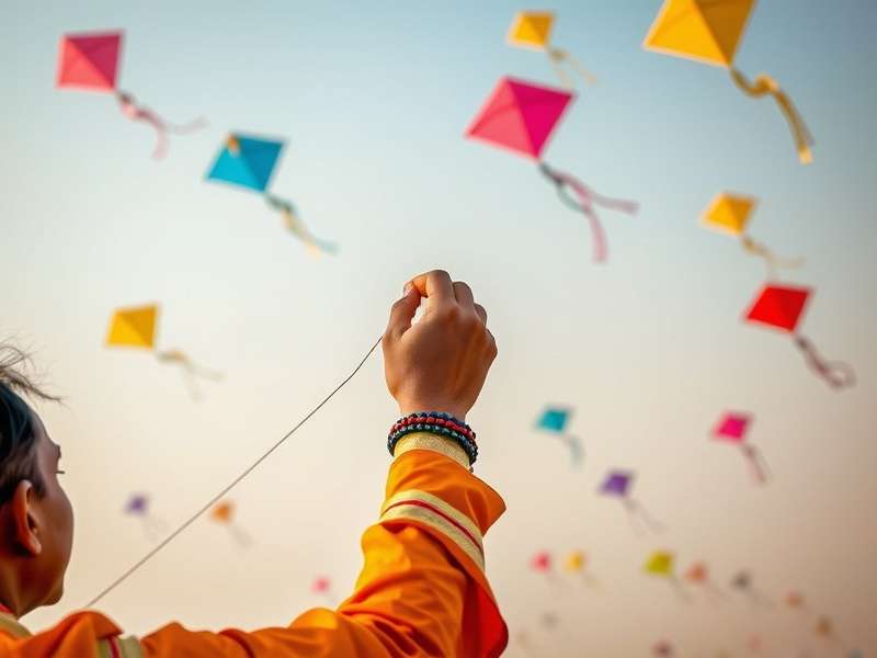 Skilled hands controlling kite string in traditional Indian style Close-up of Indian kite flyer hands controlling kite string