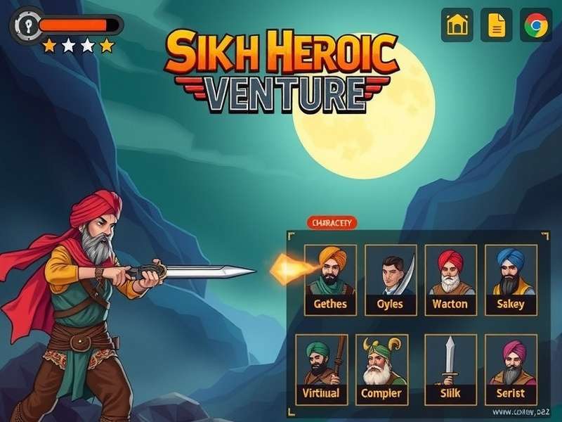 Sikh Heroic Venture Main Title Screen Sikh Heroic Venture game title screen showing Sikh warrior character