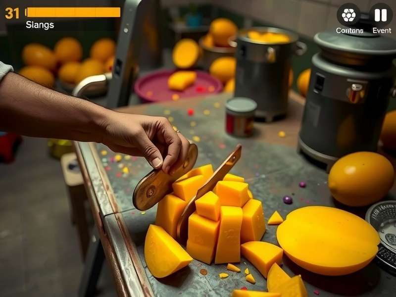 Desi Mango Chopper gameplay screenshot showing mango slicing