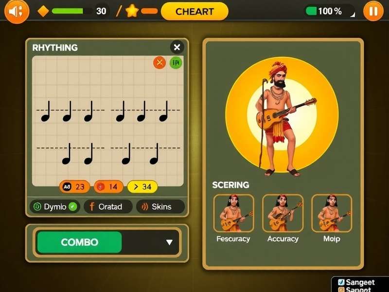Sangeet Sprint Showdown gameplay interface showing rhythm notes and Indian musical elements