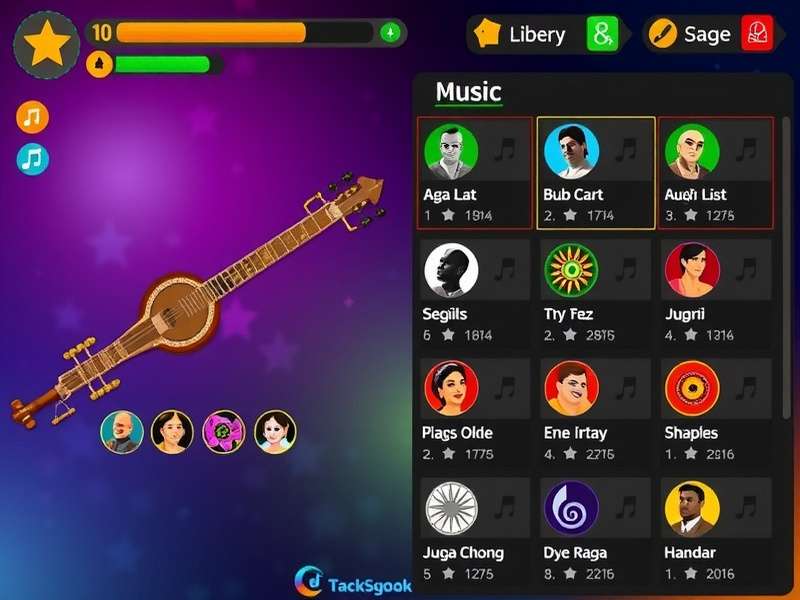 Music Library in Sitar Heroic Strike Sitar Heroic Strike music library interface showing various Indian classical ragas