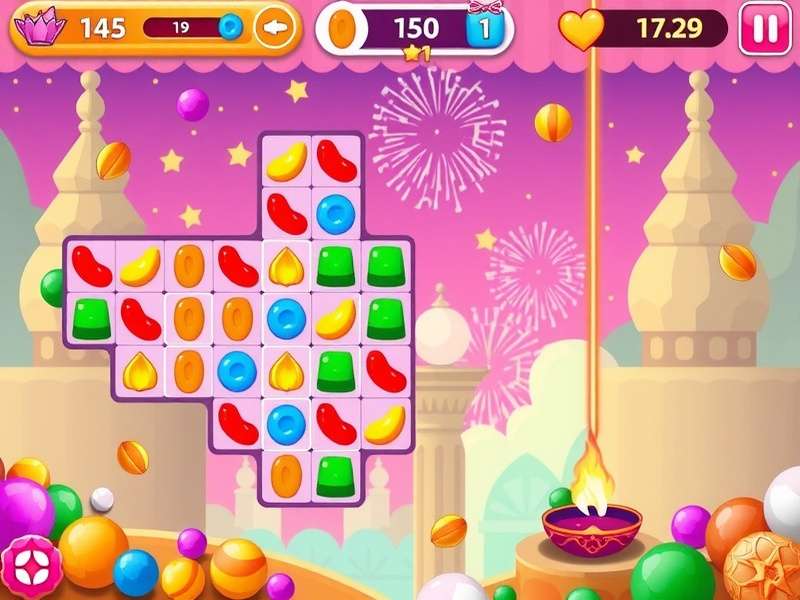 India Sugar Rush Adventure gameplay screenshot showing colorful candy pieces and Indian-themed backgrounds