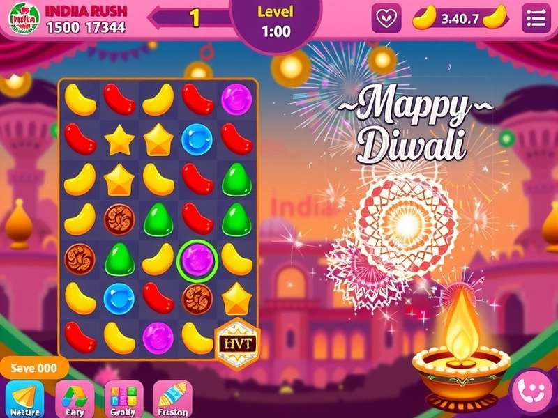 India Sugar Rush Adventure special Diwali festival level with fireworks and lights