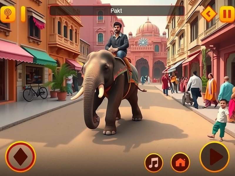 Elephant Trek Jaipur Adventure gameplay showing elephant riding through Jaipur streets