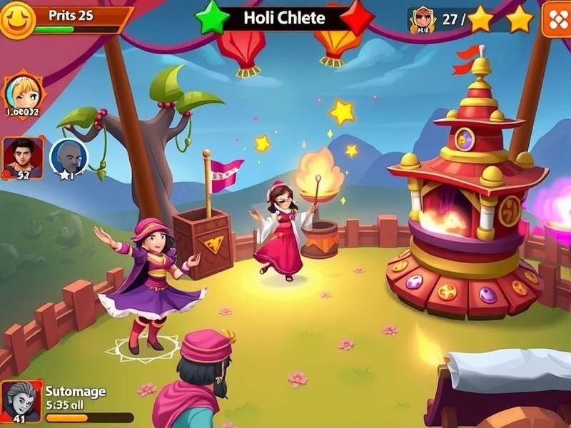 Vibrant gameplay of Holi Magic Clash Holi Magic Clash gameplay showing colorful characters and environments